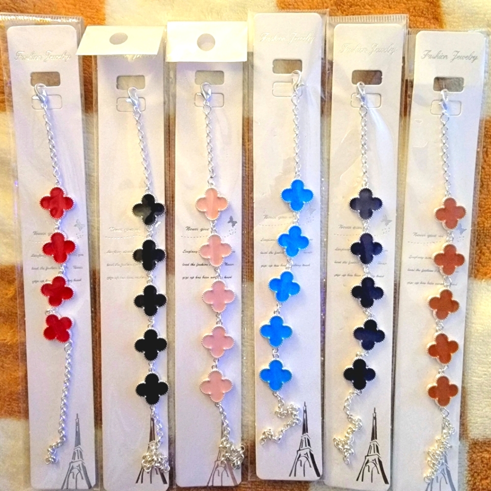 Elegant Bundle Of 6 Multi-Color Clover Bracelets In Silver